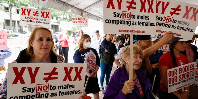 Demonstrators listen to the speaking program during an "Our Bodies, Our Sports" rally for the 50th anniversary of Title IX at Freedom Plaza on June 23, 2022, in Washington, D.C.