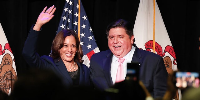 Vice President Kamala Harris participates in a rally to support Illinois Democrats with Illinois Gov. J.B. Pritzker on the campus of UIC Sept. 16, 2022, in Chicago.