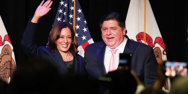 Vice President Kamala Harris participates in a rally to support Illinois Democrats with Illinois Gov. J.B. Pritzker on the campus of UIC Sept. 16, 2022, in Chicago.