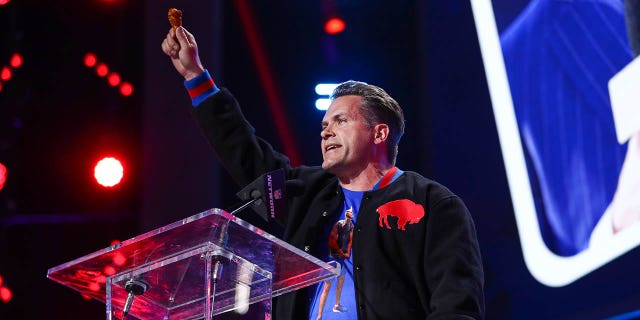 NFL Network host Kyle Brandt presents on stage during round three of the 2022 NFL Draft on April 28, 2022 in Las Vegas.