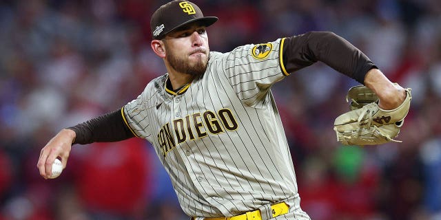 Joe Musgrove of the San Diego Padres pitches during the first inning against the Philadelphia Phillies in Game 3 of the National League Championship Series at Citizens Bank Park Oct. 21, 2022, in Philadelphia. 