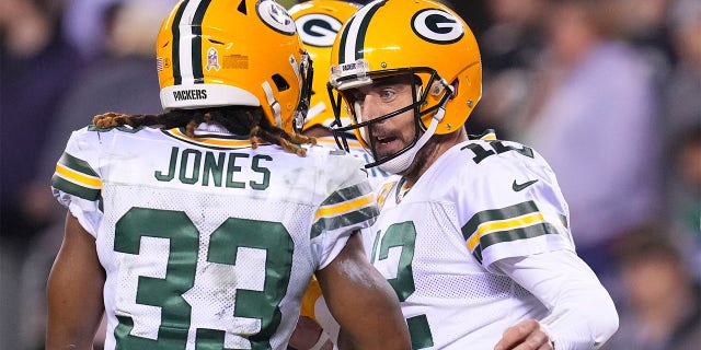 Aaron Rodgers of the Green Bay Packers celebrates with Aaron Jones during the Eagles game at Lincoln Financial Field on Nov. 27, 2022, in Philadelphia.