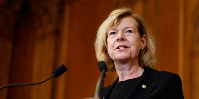 Sen. Tammy Baldwin, D-Wis., speaks at a bill enrollment ceremony for the Respect For Marriage Act at the U.S. Capitol Building Dec. 8, 2022, in Washington.
