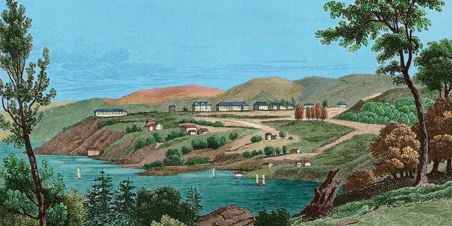 View of West Point. George Washington selected Thaddeus Kosciuszko, one of the heroes of Saratoga, to design the fortifications for West Point in 1778. President Thomas Jefferson established the United States Military Academy in 1802. Engraving by Milbert. Panorama Universal. History of the United States of America, from 1st edition of Jean B.G. Roux de Rochelle's Etats-Unis d'Amerique in 1837. 