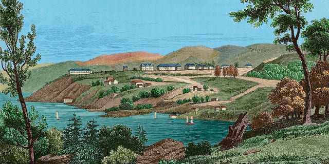 View of West Point. George Washington selected Thaddeus Kosciuszko, one of the heroes of Saratoga, to design the fortifications for West Point in 1778. President Thomas Jefferson established the United States Military Academy in 1802. Engraving by Milbert. Panorama Universal. History of the United States of America, from 1st edition of Jean B.G. Roux de Rochelle's Etats-Unis d'Amerique in 1837.