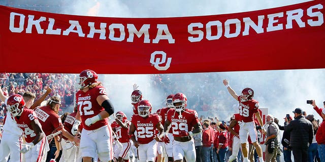 The Oklahoma Sooners take the field for a game against the Baylor Bears at Gaylord Family Oklahoma Memorial Stadium on Nov. 5, 2022 in Norman, Oklahoma. Baylor won 38-35.