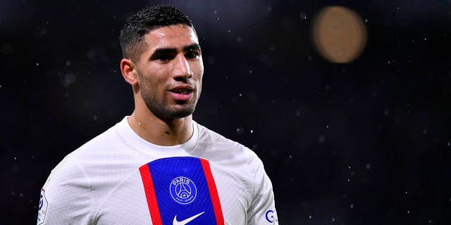 Achraf Hakimi, of Paris Saint-Germain, looks on during the Ligue 1 match between Stade Rennes and Paris Saint-Germain at Roazhon Park on Jan. 15, 2023 in Rennes, France. 