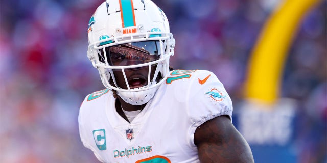 Tyreek Hill of the Miami Dolphins against the Buffalo Bills during the first half of an AFC Wild Card game at Highmark Stadium on January 15, 2023 in Orchard Park, NY 