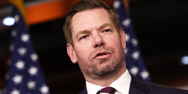 Rep. Eric Swalwell, D-Calif., speaks at a press conference on at the US Capitol Building on January 25, 2023, in Washington, DC.