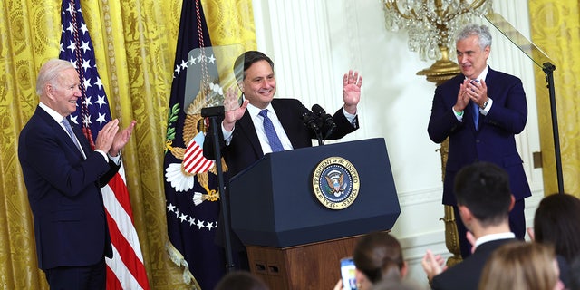 Then outgoing White House Chief of Staff Ron Klain delivers remarks during an event in the East Room of the White House on Feb. 1, 2023, in Washington, D.C.
