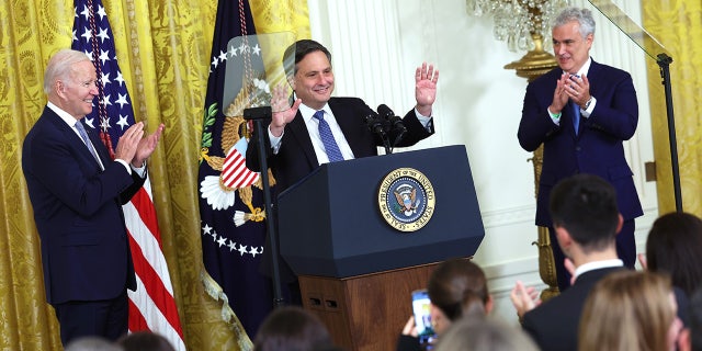 Then outgoing White House Chief of Staff Ron Klain delivers remarks during an event in the East Room of the White House on Feb. 1, 2023, in Washington, D.C.