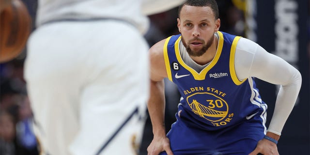 Stephen Curry of the Golden State Warriors plays the Denver Nuggets in the fourth quarter at Ball Arena Feb. 2, 2023, in Denver, Colo. 