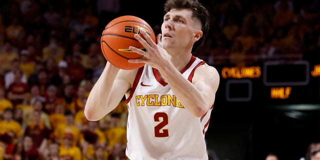 Caleb Grill of the Iowa State Cyclones shoots against the Kansas Jayhawks at Hilton Coliseum on Feb. 4, 2023 in Ames, Iowa.