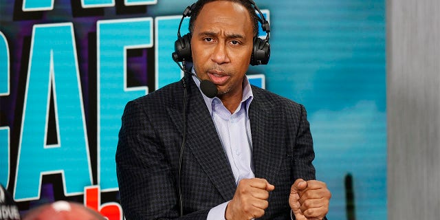 Television personality Stephen A. Smith speaks in the radio line before Super Bowl LVII at the Phoenix Convention Center on February 9, 2023 in Phoenix, Arizona. 