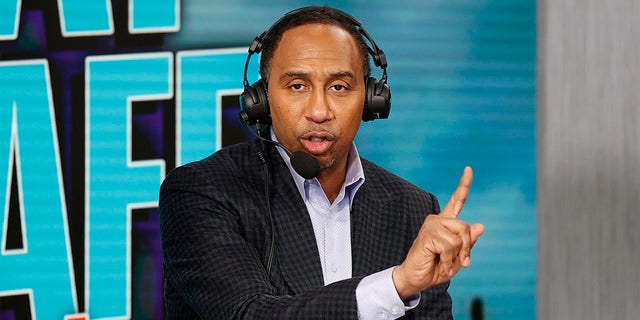 Television personality Stephen A. Smith speaks in the radio line before Super Bowl LVII at the Phoenix Convention Center on February 9, 2023 in Phoenix, Arizona.