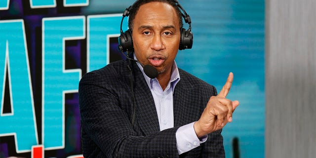 Television personality Stephen A. Smith speaks in the radio line before Super Bowl LVII at the Phoenix Convention Center on February 9, 2023 in Phoenix, Arizona.