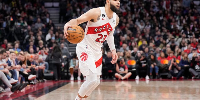 Fred VanVleet of the Toronto Raptors dribbles against the Orlando Magic during the second half of a game at Scotiabank Arena on February 14, 2023 in Toronto, Ontario, Canada. 