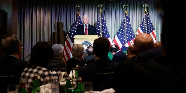 Former Vice President Mike Pence gives remarks at the Calvin Coolidge Foundation’s conference at the Library of Congress on February 16, 2023, in Washington, D.C.