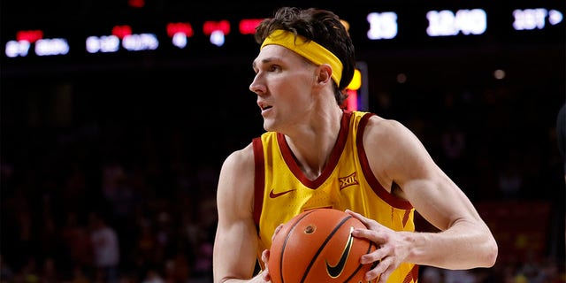 Caleb Grill of the Iowa State Cyclones drives against the TCU Horned Frogs at Hilton Coliseum on Feb. 15, 2023, in Ames.