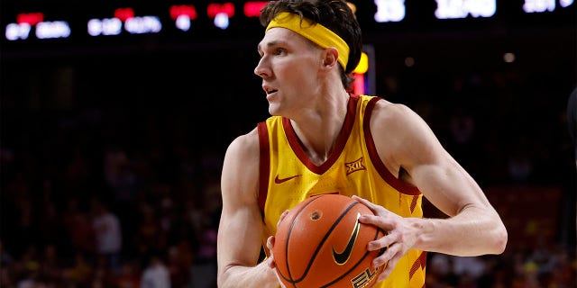 Caleb Grill of the Iowa State Cyclones drives against the TCU Horned Frogs at Hilton Coliseum on Feb. 15, 2023, in Ames.