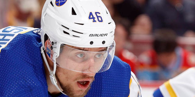 Ilya Lyubushkin of the Buffalo Sabres prepares for a face-off against the Panthers at the FLA Live Arena on Feb. 24, 2023, in Sunrise, Florida.