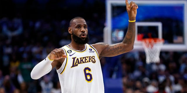 LeBron James, #6 of the Los Angeles Lakers, reacts against the Dallas Mavericks for a rebound in the first half at American Airlines Center on Feb. 26, 2023 in Dallas.