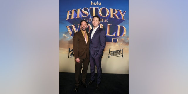 Nick Kroll and Ike Barinholtz attend the Los Angeles premiere for Hulu's "History of the World, Part II" at Hollywood Legion Theater on February 27, 2023 in Los Angeles, California.