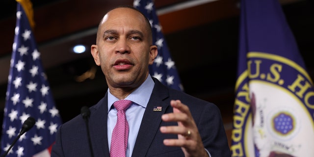 House Democratic Leader Hakeem Jeffries (D-NY) speaks to the media during a press conference at the U.S. Capitol on March 1, 2023.