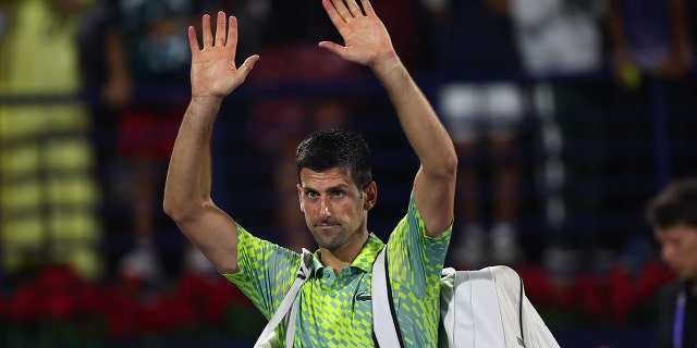 Novak Djokovic of Serbia reacts after the loss to Daniil Medvedev during day 13 of Dubai Duty Free Tennis at Dubai Duty Free Tennis Stadium on March 3, 2023 in Dubai, United Arab Emirates. 