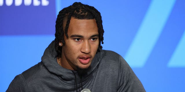 Ohio State quarterback CJ Stroud speaks to the media during the NFL Combine at Lucas Oil Stadium on March 3, 2023 in Indianapolis. 