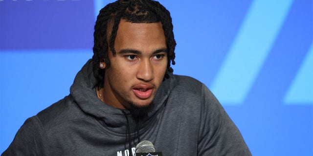 Ohio State quarterback CJ Stroud speaks to the media during the NFL Combine at Lucas Oil Stadium on March 3, 2023 in Indianapolis. 