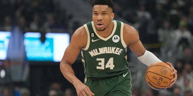 Giannis Antetokounmpo of the Milwaukee Bucks dribbles the ball in the first half of a game against the Philadelphia 76ers at Fiserv Forum March 4, 2023, in Milwaukee. 