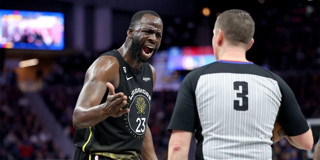 Draymond Green of the Golden State Warriors complains about a callout during the LA Clippers game at the Chase Center on March 2, 2023 in San Francisco.