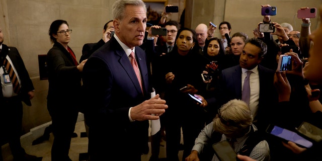 US Speaker of the House Kevin McCarthy, R-Calif., outside his office in the US Capitol Building on March 07, 2023, in Washington, DC.