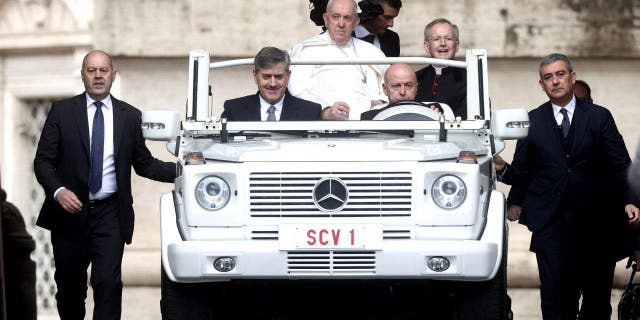   Pope Francis conducts his weekly general audience in St. Peter's Square, March 8, 2023, in Vatican City, Vatican.