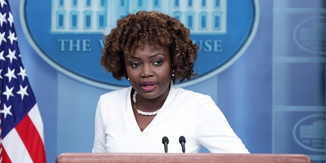 White House Press Secretary Karine Jean-Pierre speaks during a daily news briefing at the James S. Brady Press Briefing Room of the White House on March 8, 2023 in Washington, DC. 