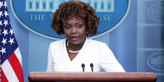 WASHINGTON, DC - MARCH 08: White House Press Secretary Karine Jean-Pierre speaks during a daily news briefing at the James S. Brady Press Briefing Room of the White House on March 8, 2023 in Washington, DC.