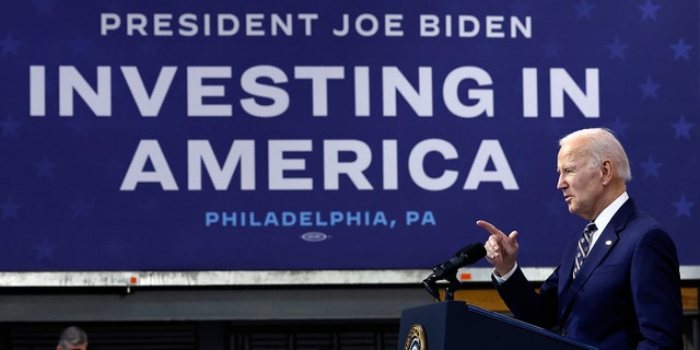 US President Joe Biden talks about his proposed FY2024 federal budget during an event at the Finishing Trades Institute on March 09, 2023 in Philadelphia, Pennsylvania.  Seen as a preview to his re-election platform, Biden's proposed budget is projected to cut the deficit by $3 trillion over the next 10 years.  It remains unlikely the plan will find any support in the Republican-controlled House of Representatives.