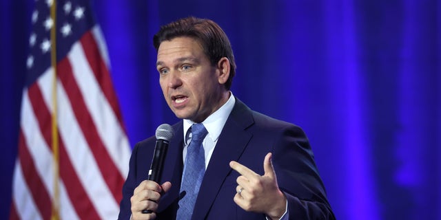 Florida Gov. Ron DeSantis speaks to Iowa voters gathered at the Iowa State Fairgrounds on March 10, 2023, in Des Moines, Iowa.