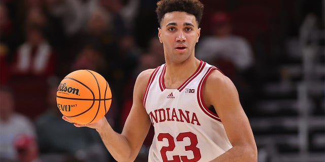 Trayce Jackson-Davis #23 of the Indiana Hoosiers dribbles against the Penn State Nittany Lions during the second half of the Big Ten Tournament semifinals at the United Center on March 11, 2023 in Chicago, Illinois.