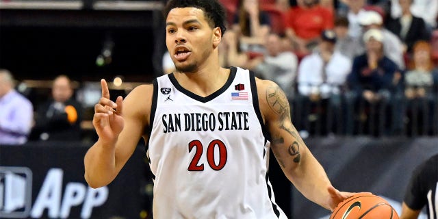 Matt Bradley #20 of the San Diego State Aztecs brings the ball up court against the Utah State Aggies during the second half of the championship game in the Mountain West Conference basketball tournament at the Thomas & Mack Center on March 11, 2023 in Las Vegas, Nevada. The Aztecs defeated the Aggies 62-57.