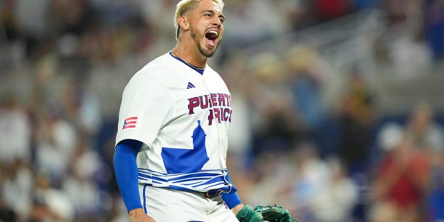 Jose De Leon of Puerto Rico celebrates after leaving the game in the sixth inning against Israel at loanDepot park on March 13, 2023, in Miami.