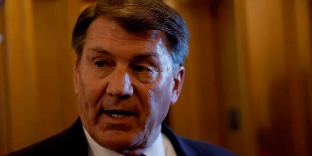 Sen. Mike Rounds, R-S.D., speaks to reporters outside the Senate chambers during a vote in the U.S. Capitol March 14, 2023, in Washington, D.C.