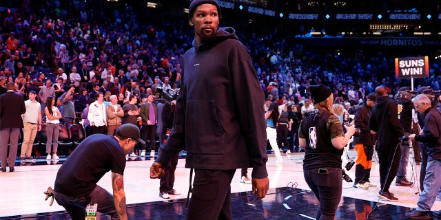 The Suns' Kevin Durant leaves the court after the Suns defeated the Orlando Magic 116-113 at the Footprint Center on March 16, 2023 in Phoenix, Arizona.