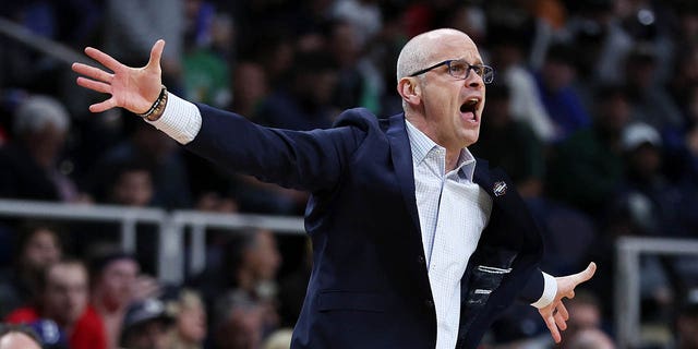 Connecticut Huskies head coach Dan Hurley reacts in the first half against the Iona Gaels during the first round of the NCAA Men's Basketball Tournament at MVP Arena on March 17, 2023 in Albany, New York.
