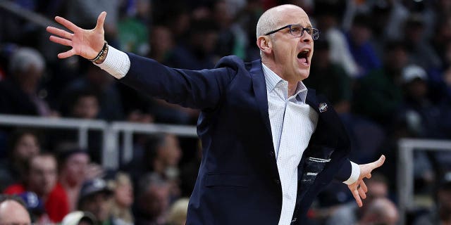 Connecticut Huskies head coach Dan Hurley reacts in the first half against the Iona Gaels during the first round of the NCAA Men's Basketball Tournament at MVP Arena on March 17, 2023 in Albany, New York.