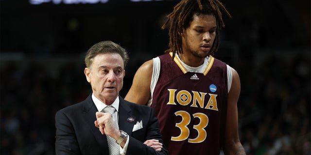 Head coach Rick Pitino of the Iona Gaels makes a halftime appearance against the Connecticut Huskies during the first round of the NCAA Men's Basketball Tournament at MVP Arena on March 17, 2023, in Albany, New York.