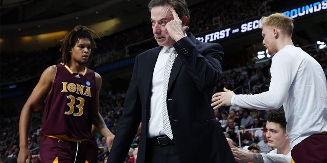Coach Rick Pitino of the Iona Gaels responds in the second half against the Connecticut Huskies during the first round of the NCAA Men's Basketball Tournament at MVP Arena on March 17, 2023, in Albany, New York.