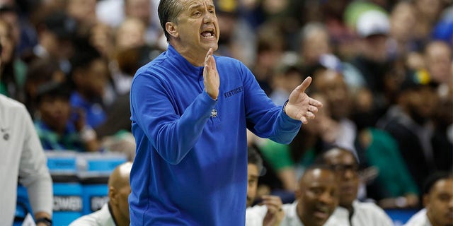 Kentucky Wildcats head coach John Calipari reacts during the second half against the Providence Friars in the first round of the NCAA Men's Basketball Tournament at The Fieldhouse at Greensboro Coliseum on March 17, 2023 in Greensboro, North Carolina. 
