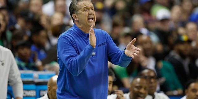 Head coach John Calipari of the Kentucky Wildcats reacts during the Providence Friars game on March 17, 2023, in Greensboro, North Carolina.